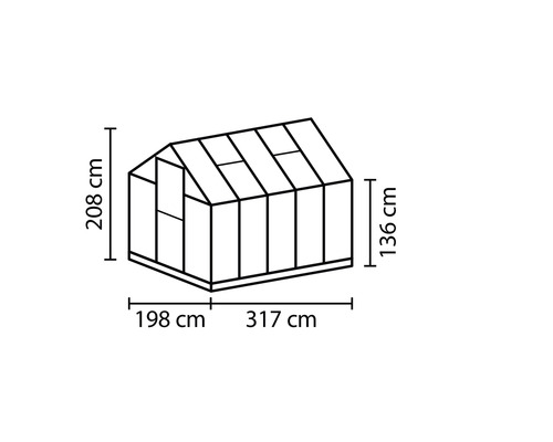 Abbildung eines Gewächshauses mit Maßangaben: 208 cm Höhe, 136 cm Seitenhöhe, 198 cm Breite und 317 cm Tiefe.