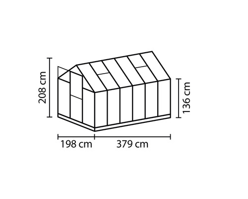 Abbildung eines Gewächshauses mit Maßangaben zu Höhe, Breite und Länge