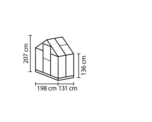 Maße des Gewächshauses: 207 cm hoch, 198 cm breit und 131 cm tief.