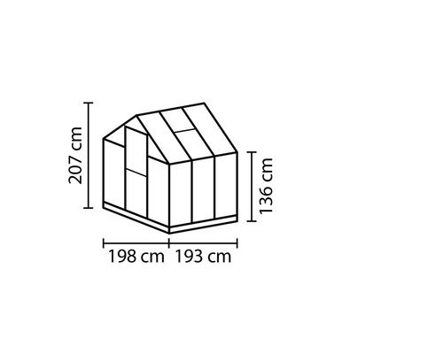 Technische Zeichnung eines Gewächshauses mit Höhen- und Breitenangaben in Zentimetern