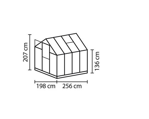 Skizze eines Gewächshauses mit den Maßen 207 cm Höhe, 198 cm und 256 cm Länge sowie 136 cm Seitenhöhe.