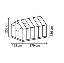 Abmessungen Gewächshaus: 379 cm Länge, 198 cm Breite und 208 cm Höhe