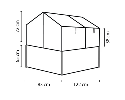 Abmessungen eines Hochbeets mit Frühbeetaufsatz: 72 cm Höhe, 38 cm Aufsatzhöhe, 65 cm Beetkastenhöhe, 83 cm und 122 cm Länge