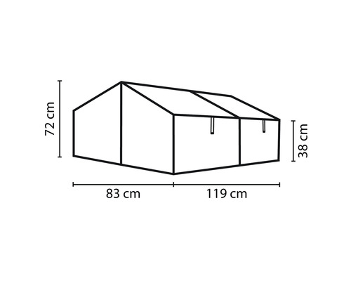 Abbildung mit Maßangaben für ein Gewächshaus, 72 cm Höhe, 38 cm Seitenhöhe, 83 cm Breite und 119 cm Länge.