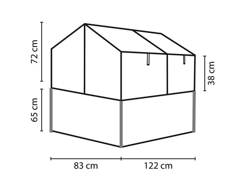 Technische Zeichnung eines Hochbeet Gewächshausaufsatzes mit Maßangaben