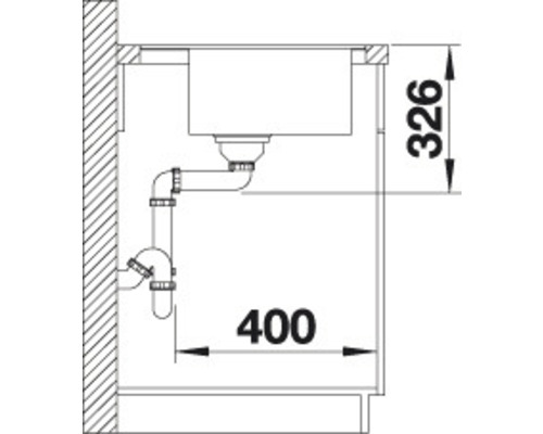 Zeichnung einer Spüle mit Ablaufgarnitur und Maßangaben 326 und 400