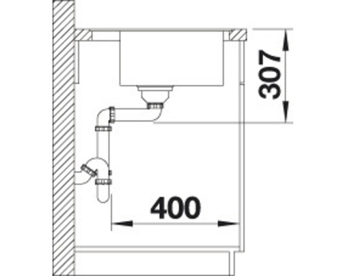Technische Zeichnung eines Spülbeckens mit Siphon und Maßangaben 307 und 400.
