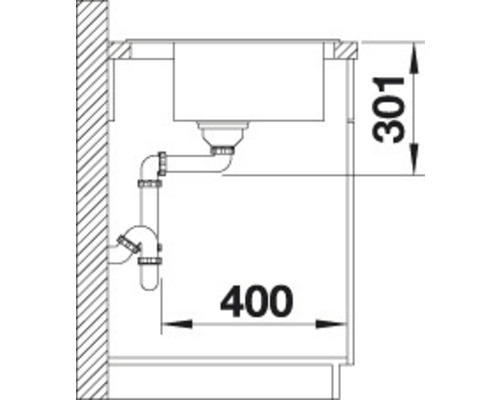 Skizze eines Spülbeckens mit Abflussrohren und Maßangaben