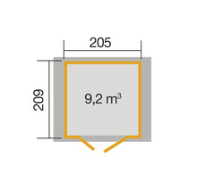 Grundriss mit den Maßen 205 mal 209 Zentimeter und einem Rauminhalt von 9,2 Kubikmetern