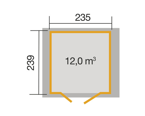 Grundrisszeichnung mit den Maßen 235 mal 239 Zentimeter und einem Volumen von 12 Kubikmetern
