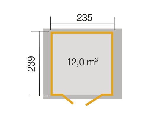 Grundrisszeichnung mit den Maßen 235 mal 239 und 12 Kubikmeter Volumen