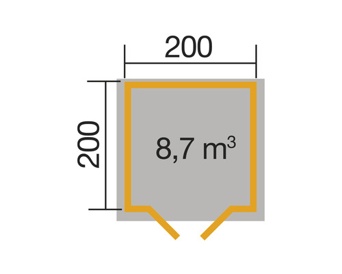 Grundriss mit den Maßen 200 mal 200 und einem Rauminhalt von 8,7 Kubikmeter.