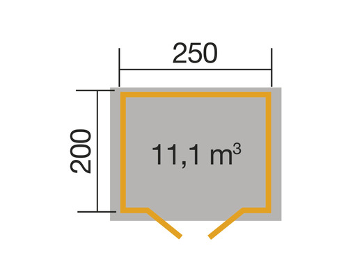 Technische Zeichnung mit den Maßen 250 x 200 und einem Volumen von 11,1 Kubikmeter