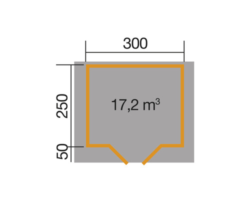Grundrisszeichnung mit den Maßen 300 cm Breite, 250 cm Höhe und einem Volumen von 17,2 Kubikmeter