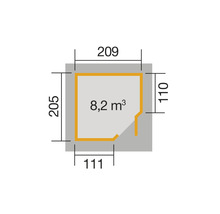 Grundriss mit Abmessungen und Volumenangabe 8,2 Kubikmeter
