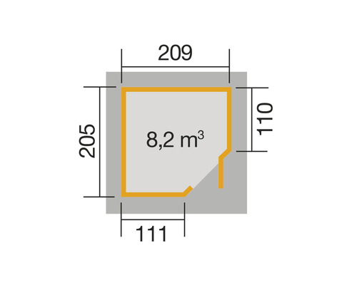 Grundriss mit Abmessungen und Volumenangabe 8,2 Kubikmeter