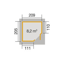 Grundriss mit Maßangaben: 205 x 209 x 110 x 111, Fläche: 8,2 Kubikmeter