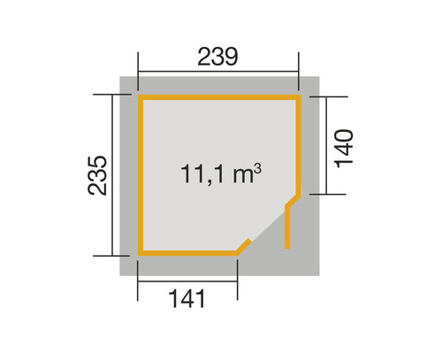 Grundrisszeichnung mit den Maßen 239 mal 235 mal 140 mal 141 und einem Rauminhalt von 11,1 Kubikmetern