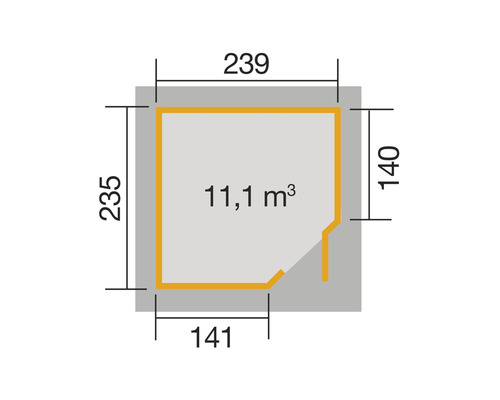 Grundriss mit den Maßen 239 mal 235 mal 141 mal 140 und einem Volumen von 11,1 Kubikmeter