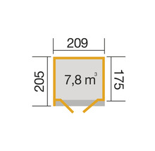 Grundriss mit den Maßen 205 mal 209 mal 175 Zentimeter und einem Volumen von 7,8 Kubikmetern