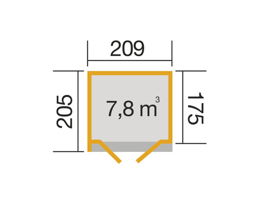 Grundriss mit den Maßen 205 mal 209 mal 175 Zentimeter und einem Volumen von 7,8 Kubikmetern