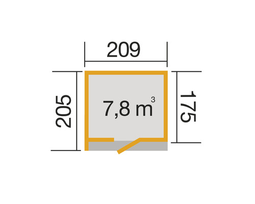 Grundrisszeichnung mit den Maßen 205, 209 und 175 Zentimeter sowie 7,8 Kubikmeter Rauminhalt