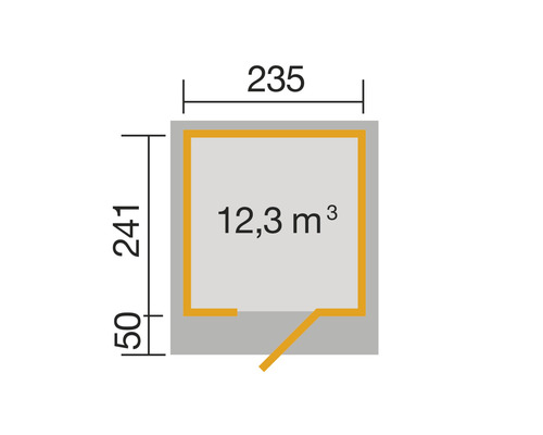Grundrisszeichnung eines Gartenhauses mit den Maßen 235 x 241 Zentimeter und einem Volumen von 12,3 Kubikmetern
