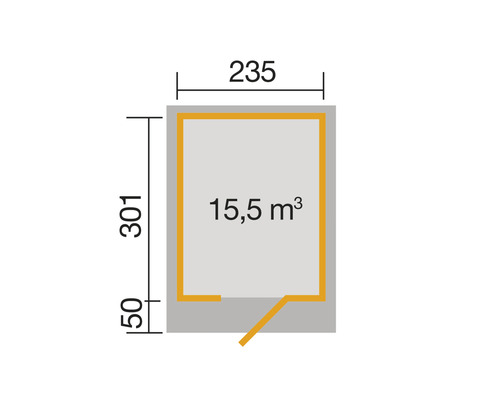 Grundriss mit Maßangaben und Raumvolumen von 15,5 Kubikmeter