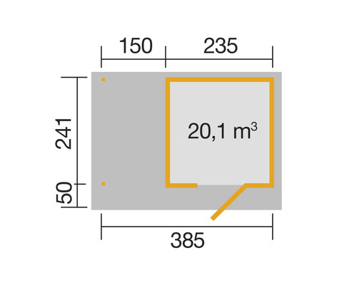 Grundrisszeichnung mit Maßangaben für ein Gartenhaus