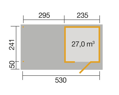 Grundriss mit Abmessungen und Volumenangabe 27,0 Kubikmeter