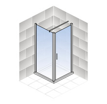 Eckdusche mit Glastüren und Griff in einem Badezimmer mit Fliesen.