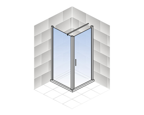 Eckdusche mit Glastüren und Griff in einem Badezimmer mit Fliesen.