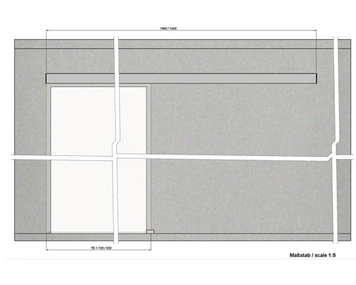 Technische Zeichnung einer Wand mit Öffnung und Maßangaben