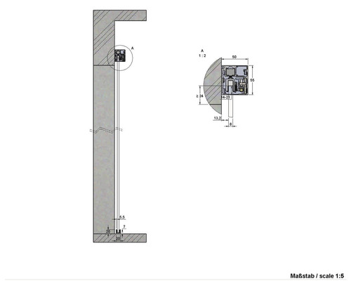 Technische Zeichnung einer Wandanbringung mit Maßangaben