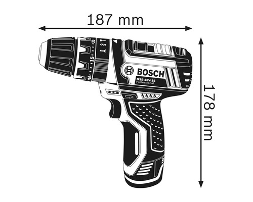 Abbildung eines Akkuschraubers mit Größenangaben 187 mm und 178 mm