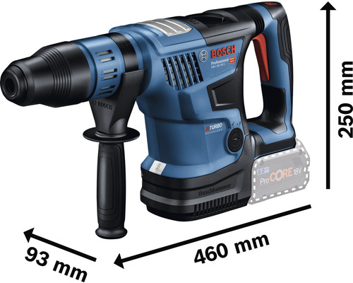 Bosch Bohrhammer mit den Maßen 460 mm Länge, 93 mm Breite und 250 mm Höhe.