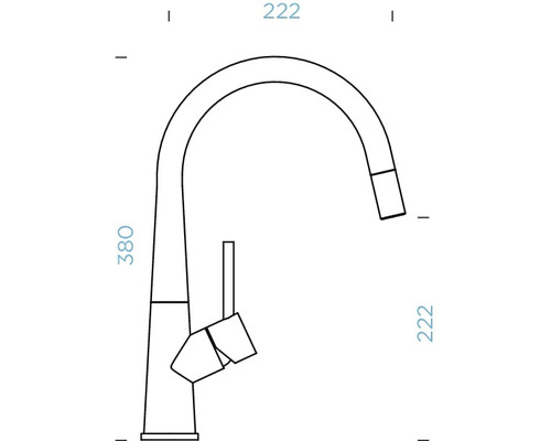Technische Zeichnung einer Küchenarmatur mit Maßen.