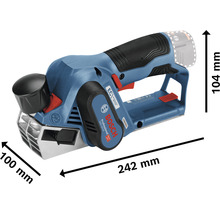 Bosch Hobel GHO 12V-20 mit den Maßen 100 mm Breite, 104 mm Höhe und 242 mm Länge