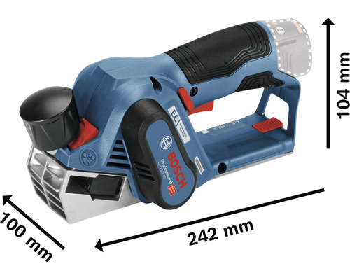 Bosch Hobel GHO 12V-20 mit den Maßen 100 mm Breite, 104 mm Höhe und 242 mm Länge