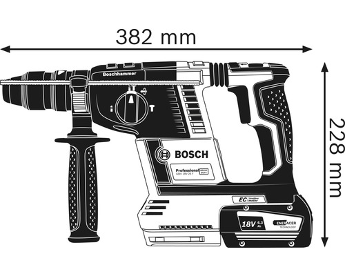 Boschhammer mit Maßangaben 382 mm Breite und 228 mm Höhe