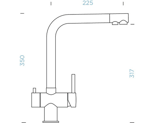 Technische Zeichnung einer Küchenarmatur mit Maßen.