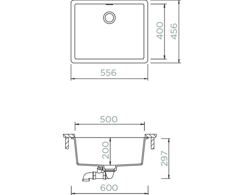 Technische Zeichnung einer Küchenspüle mit Maßangaben