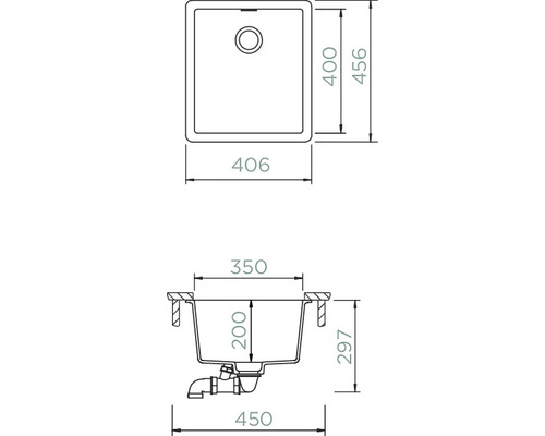 Technische Zeichnung einer Spüle mit Maßangaben