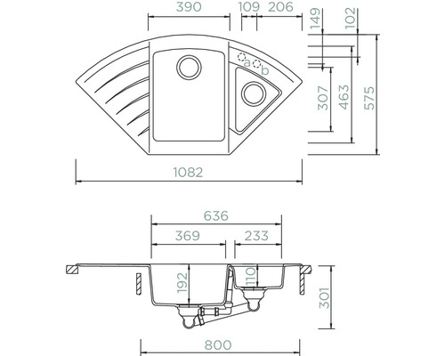 Technische Zeichnung einer Eckspüle mit Maßangaben