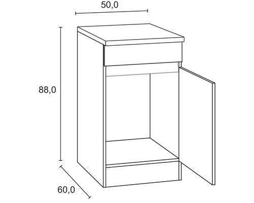 Technische Zeichnung eines Unterschranks mit Tür und den Maßen 50,0 x 60,0 x 88,0 cm.