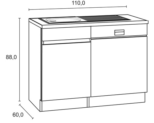 Skizze eines Waschtischunterschranks mit Spüle und Schublade, Maße 110 x 88 x 60 cm