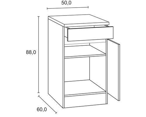 Technische Zeichnung eines Unterschranks mit Schublade und offener Tür mit Maßangaben