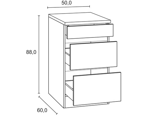 Zeichnung eines Unterschranks mit drei Schubladen und Maßangaben