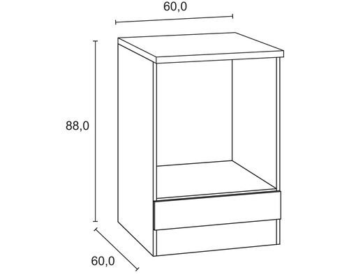 Technische Zeichnung eines Unterschranks mit Schublade und den Maßen 60,0 x 60,0 x 88,0 cm.
