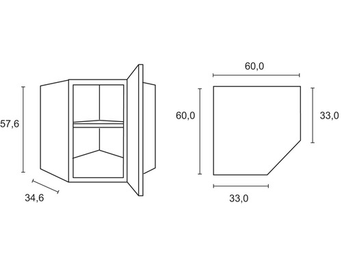 Technische Zeichnung eines Eckhängeschranks mit Maßangaben